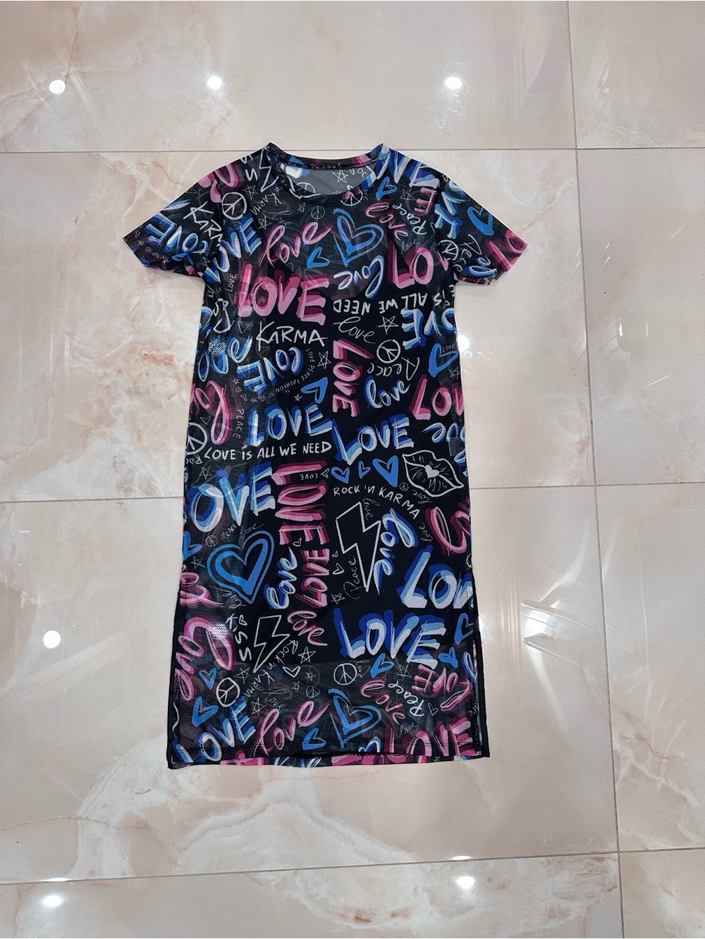 Graphic 'Love' Tee Dress in Black with Pink & Blue Accents